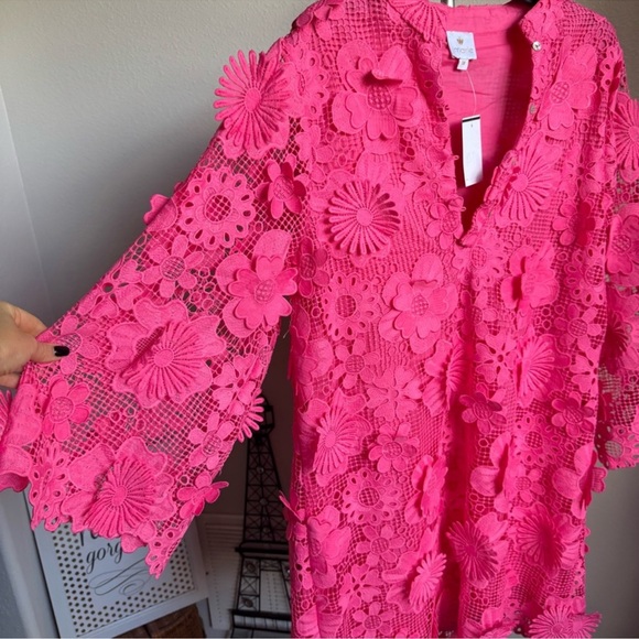 NWT J.Marie Seraphina Floral 3D Lace Split Round Button Up Neck Shift Dress Sz M - Picture 9 of 13